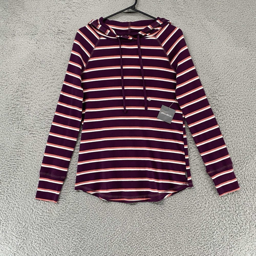 Eddie Bauer Favorite Hoodie T-Shirt Womens Medium Long Sleeve Striped Burgundy